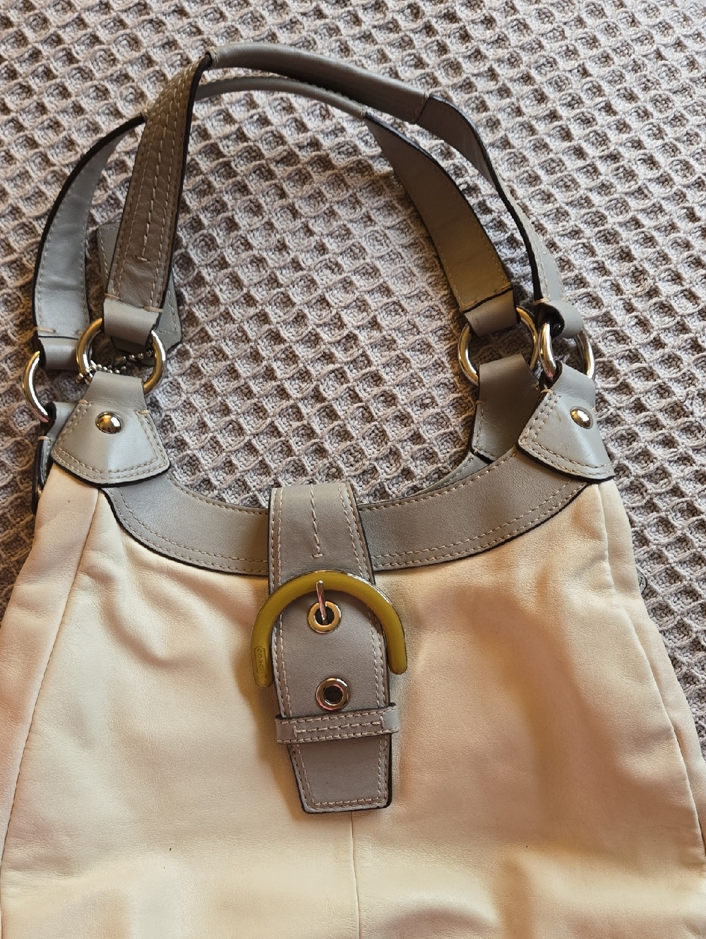 Coach Cream and Gray Shoulder Bag with Gold-Tone Buckle